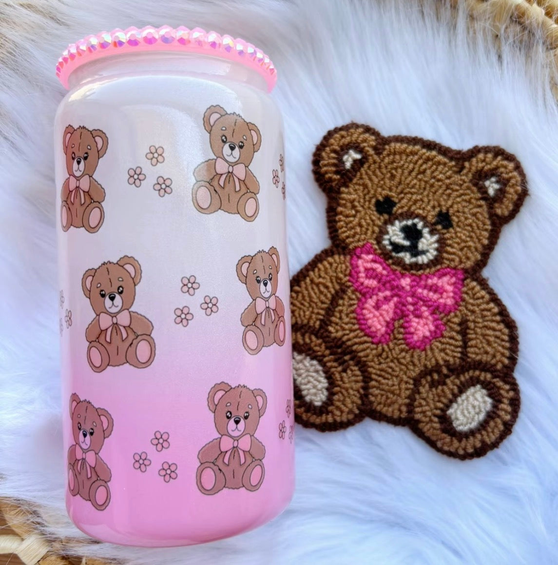 Coquette Teddy Pink Ombré Glass Can (Coaster sold separately)