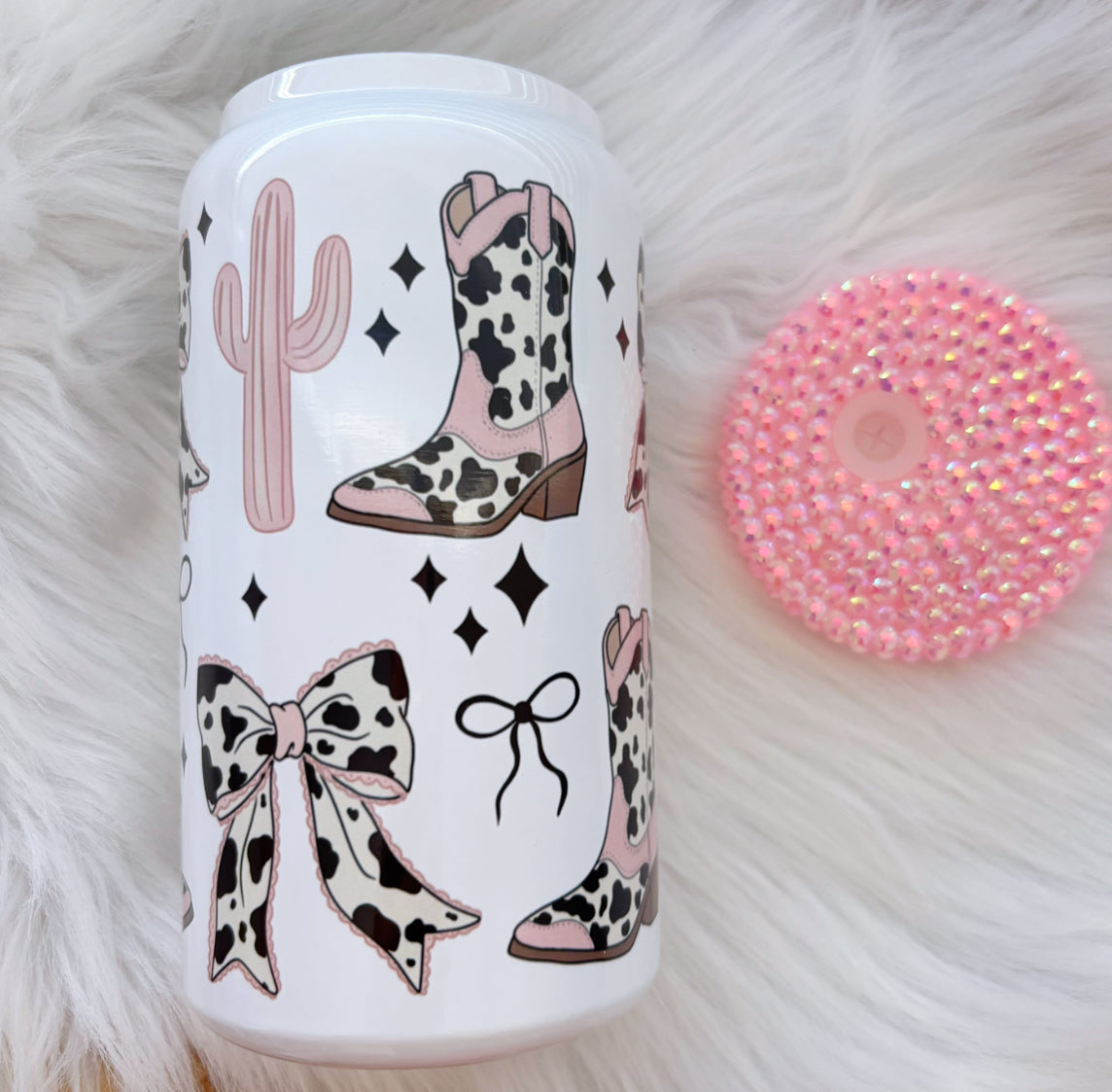 Cow Print Coquette Cowgirl - Stainless Steel with pink rhinestoned lid