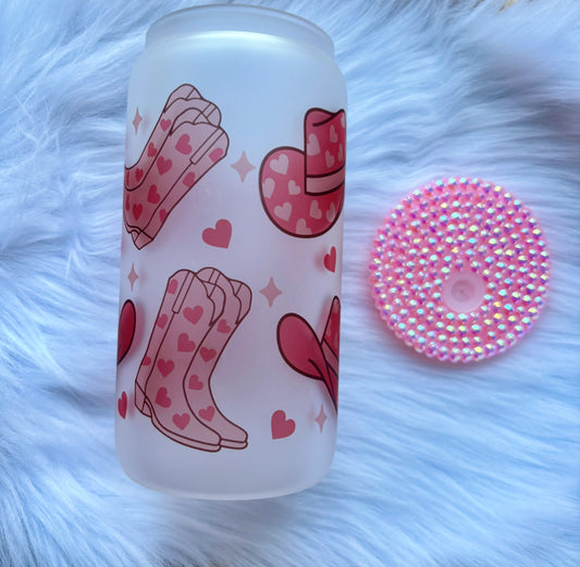 Cowgirl Hearts - Frosted Glass Can