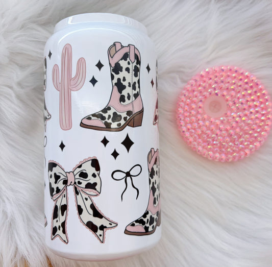 Cow Print Coquette Cowgirl - Stainless Steel with pink rhinestoned lid
