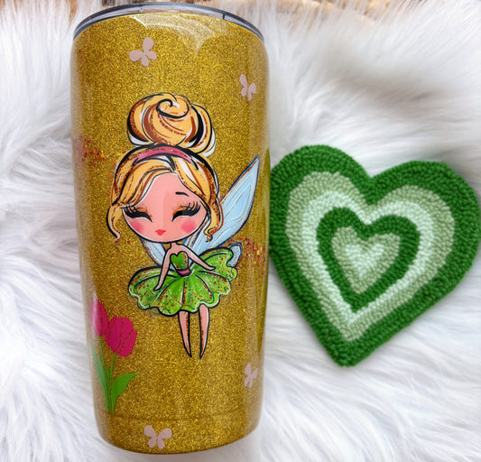 Tinker Fairy Epoxy Tumbler with matching coaster